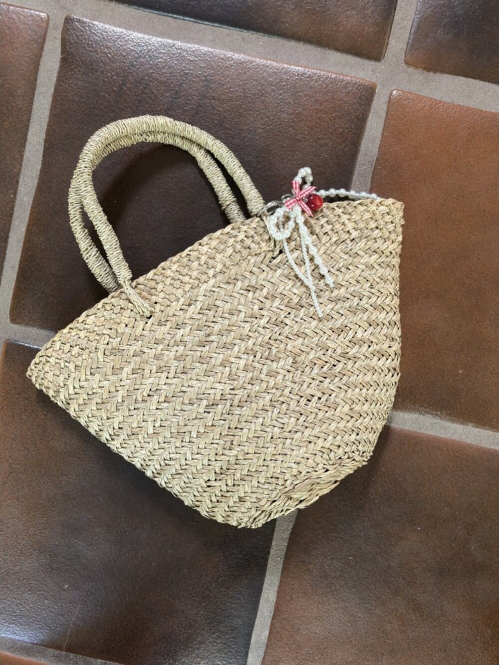 Woven Mini Basket Bag with Beaded Charm